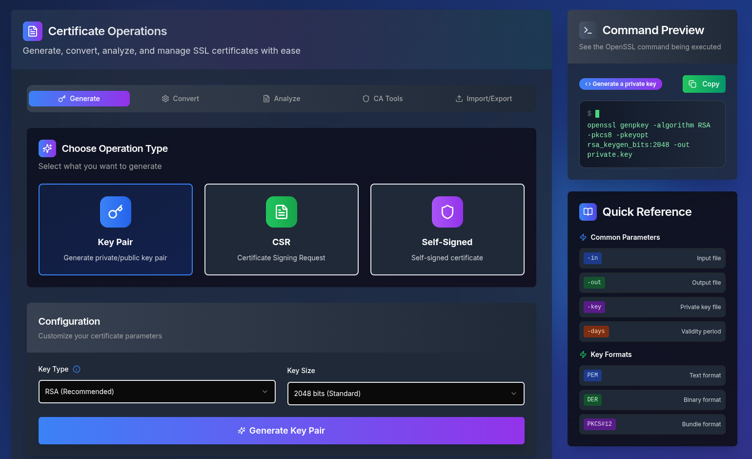 CertForge Interface Preview - Certificate Operations with Generate, Convert, Analyze, CA Tools, and Import/Export tabs